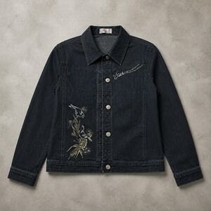 Jeanbay Women Stretch Denim Jacket Embroidered Bird Rhinestone Blue Size L
